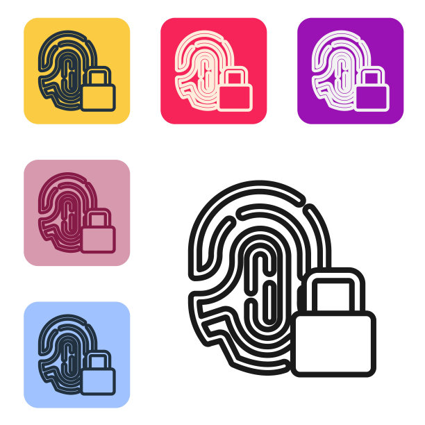 黑线指纹锁图标隔离在白色背景上。ID的应用图标。识别标志。触摸id。设置图标的颜色方形按钮。向量图片下载