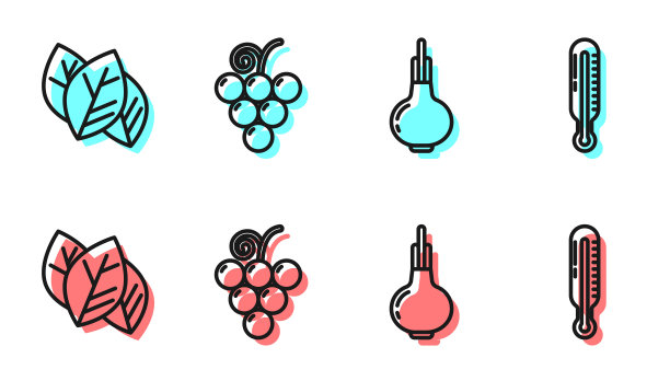 设置线洋葱，叶子或叶子，葡萄果实和气象温度计图标。向量图片下载