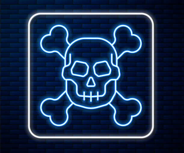 发光的霓虹线骷髅在交叉的骨头图标孤立在砖墙的背景。快乐的万圣节派对。向量图片下载