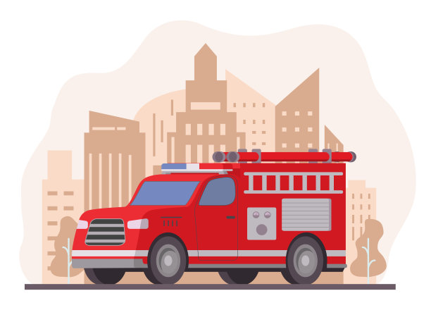 消防车。急救车红色红色消防车和梯子。救援车辆。城市天际线，摩天大楼。图片下载