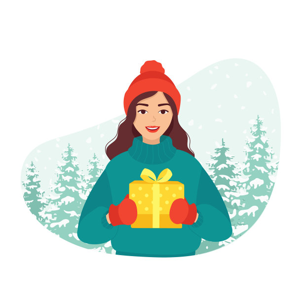 年轻快乐的女人手里拿着一个礼盒。概念新年圣诞祝福，卡片，邀请。在线订购和递送礼物。孤立的矢量图图片下载