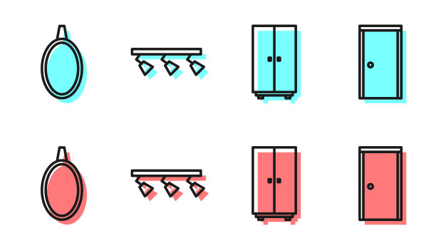 设置行衣柜，镜子，Led轨道灯和关门灯图标。向量图片下载