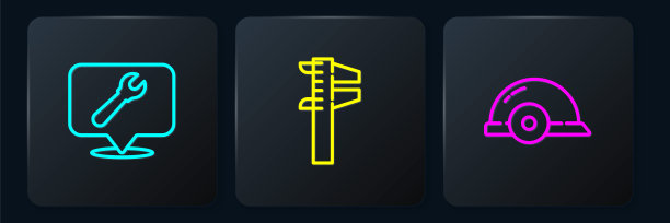 用扳手、工人安全帽、卡尺、卡尺和刻度确定线路位置。黑色方形按钮。向量图片下载