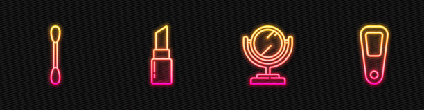 设置线圆化妆镜，棉签耳朵，口红和手。发光的霓虹灯图标。向量图片下载