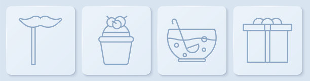 把纸胡子放在棒子上，混合潘趣酒放在碗里，蛋糕和礼盒里。白色方形按钮。向量图片下载