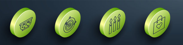 2.5D混合潘趣酒、飞镖靶和箭、生日蛋糕蜡烛及爱心购物袋矢量图标图片下载