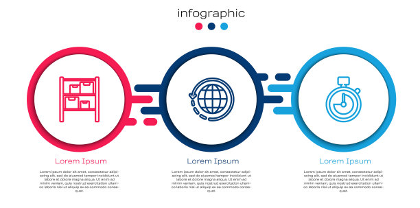 设置线仓库，全球运输和箱和秒表。业务信息图模板。向量图片下载