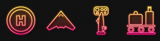 设置航线飞机方向盘，直升机起降台，喷气式战斗机和机场传送带带手提箱。发光的霓虹灯图标。向量图片下载