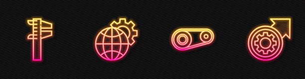 设置线同步带套件，卡尺或卡尺和刻度，地球齿轮和齿轮箭头作为工作流程。发光的霓虹灯图标。向量图片下载