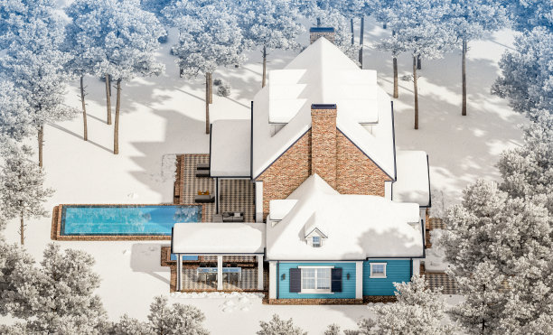 3d渲染的现代古典住宅在冬日殖民风格图片下载