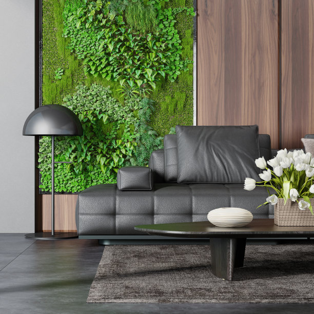 现代乡村别墅客厅内景，配有大型门窗、绿苔和植物墙，以及自然森林背景图片下载