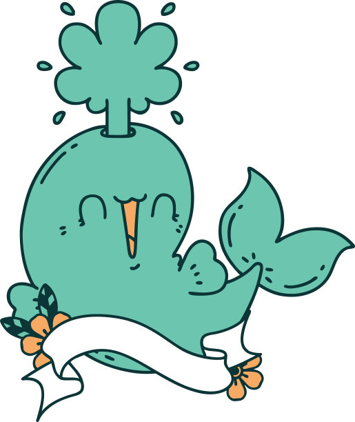 带有纹身风格的横幅快乐喷射鲸鱼图片下载