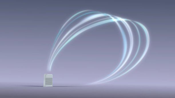 一个白色空气清洁器的3D渲染，使室内空气新鲜一整天在一个封闭的房间。图片下载