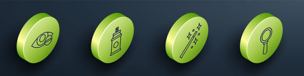 设置等距红眼效果，喷漆罐，魔术棒和放大镜图标。向量图片下载