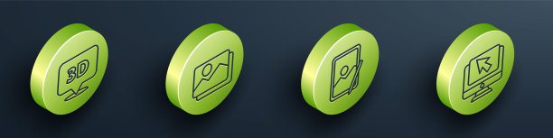 设置等距语音气泡与文本3D，图片景观，图形平板电脑和计算机显示器和光标图标。向量图片下载