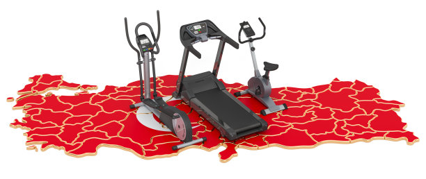 土耳其的体育俱乐部。土耳其地图上的健身器材。3D渲染孤立的白色背景图片下载