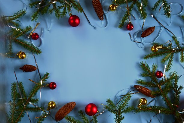 圣诞节组成红色和金色的圣诞球与冷杉树枝在一个柔和的蓝色背景。本空间图片下载