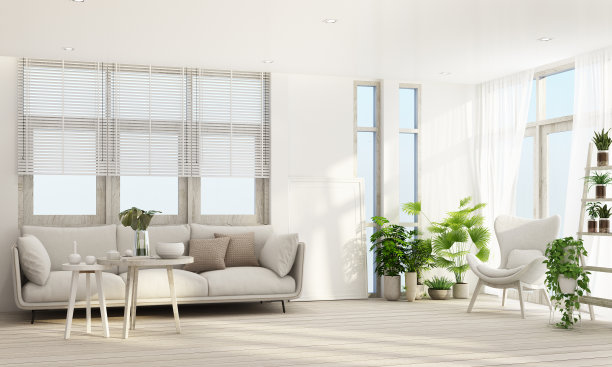 生活区在现代现代风格的室内设计与木制窗框和透明与灰色家具色调3d渲染图片下载