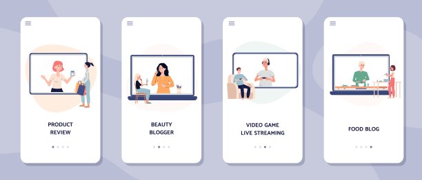 手机应用页面带有在线视频教程和一组矢量插图图片下载