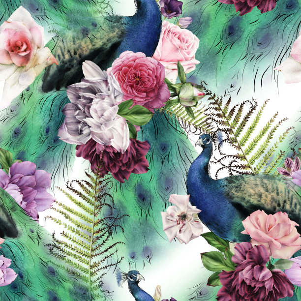 无缝花卉图案与孔雀，水彩。图片下载