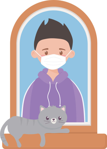 呆在家里的年轻人戴着面具和猫在一起图片下载