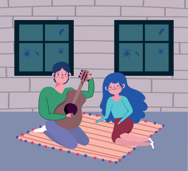 带着吉他的夫妇在地毯隔离区待着图片下载