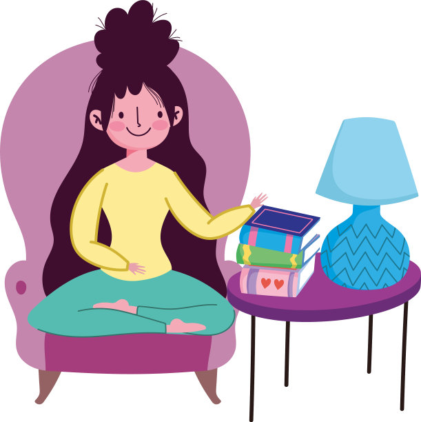 女孩坐在椅子上，桌子上放着书和灯图片下载
