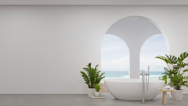 浴缸在现代新房子或豪华酒店大浴室的混凝土地板上。图片下载