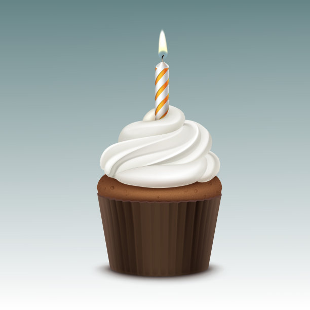 矢量生日纸杯蛋糕与白色生奶油和一支蜡烛靠近孤立的背景图片下载