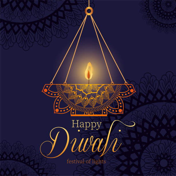 快乐排灯节挂曼荼罗蜡烛在深蓝色的背景矢量设计图片下载