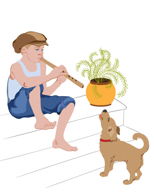 小男孩坐在楼梯上，用烟斗唱歌图片下载