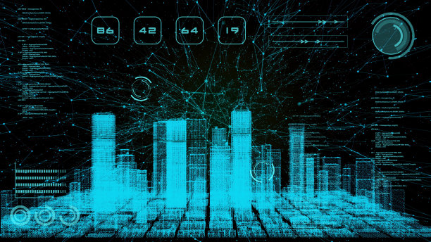 智能世界科技数字智慧城市3D建筑建筑全息扫描与显示器屏幕用户界面HUD控制，安全能源电力未来数字霓虹彩色灯光背景。图片下载