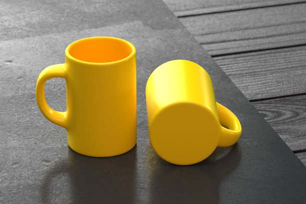 一对黄色杯子孤立在黄色背景模型3d渲染图片下载