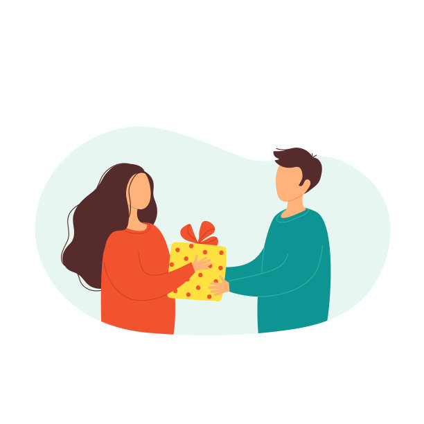 一位年轻人送给一位女士一个带蝴蝶结的礼盒。明信片概念为生日，情人节，新年，圣诞节，家庭假日。孤立的矢量图图片下载