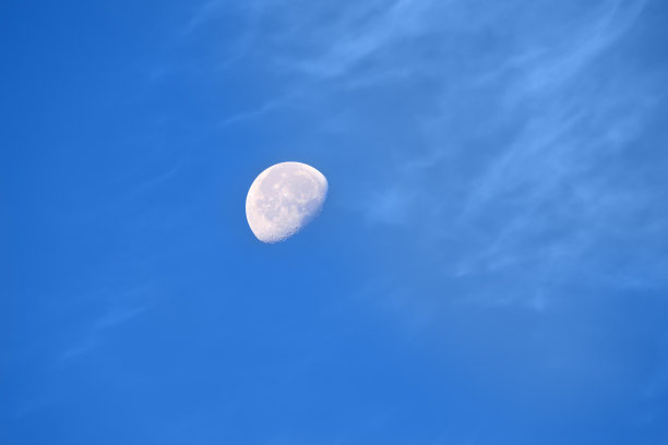 白天的月亮和清澈的蓝天。图片下载