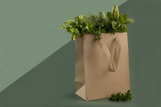 纸袋里的新鲜香草。莳萝、欧芹、罗勒图片下载
