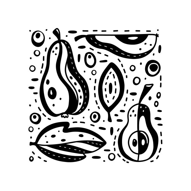 黑色方形印刷，带有梨、叶子、抽象元素。程式化的花园水果图片下载