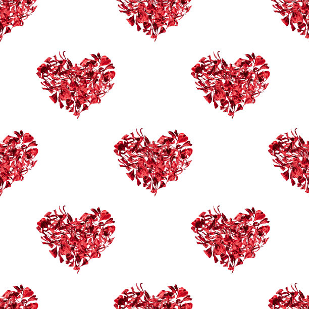 无缝图案红心花瓣制成白色背景孤立，美丽的心形花卉重复点缀，情人节墙纸，爱情印花，浪漫节日装饰，背景图片下载