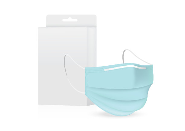 外科口罩和病毒防护与盒包装隔离的背景。安全呼吸、医疗保健和医疗概念设计。图片下载