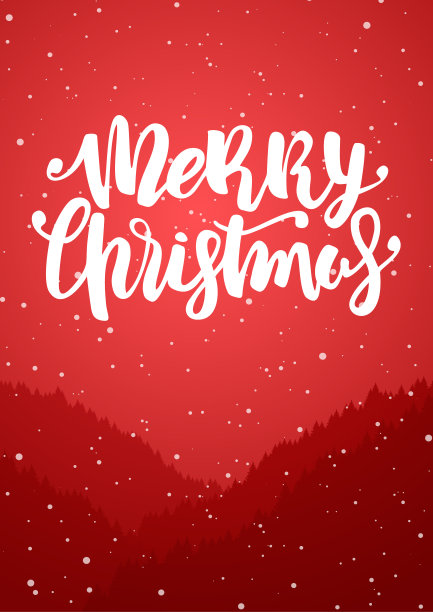 垂直冬季背景与森林，山和手写字母圣诞快乐。下雪的景色图片下载