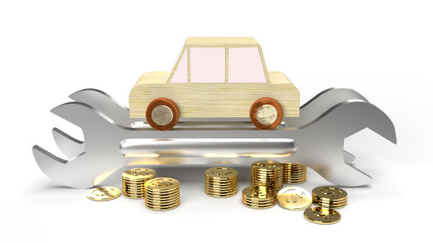 汽车木制玩具和扳手金币上的白色背景3d渲染。图片下载