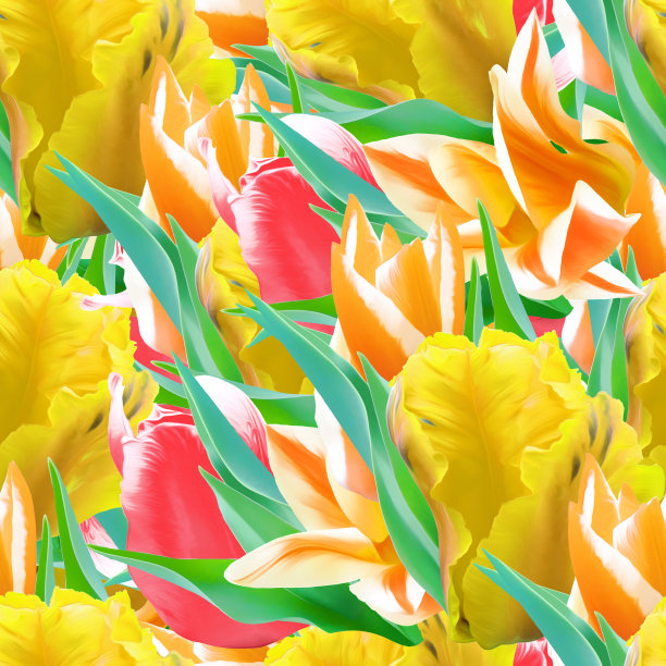 郁金香。插图，花的纹理。用于连续复制的无缝模式。花卉背景，照片拼贴为纺织品，棉布面料。用于墙纸，封面图片下载