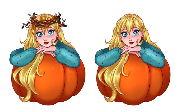 金发卡通女孩坐在南瓜上。图片下载