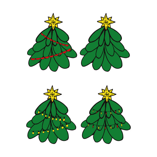 圣诞树与星星和花环的灯泡手绘涂鸦。设置元素的设计图标，贴纸，卡片，海报。极简主义，新年，节日，派对，灯光，装饰，可爱图片下载