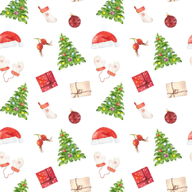 水彩无缝模式与圣诞元素孤立的白色背景。图片下载