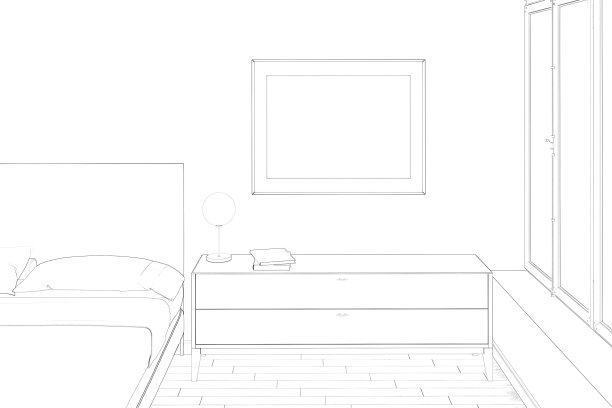 在床和窗户之间的基座上方有一张卧铺海报。前视图。图片下载