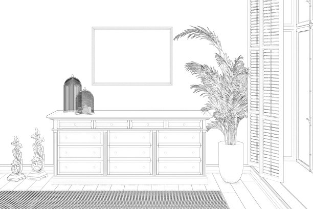 一个室内的草图与水平海报上方的底座旁边的一棵大植物，窗户与百叶窗。前视图。图片下载
