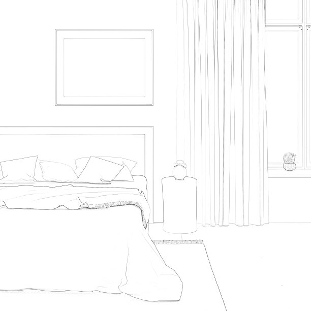 卧室的草图，床上有亚麻布，床头板上方有水平海报。闹钟放在床和有窗帘的窗户之间的树桩上。模型。图片下载