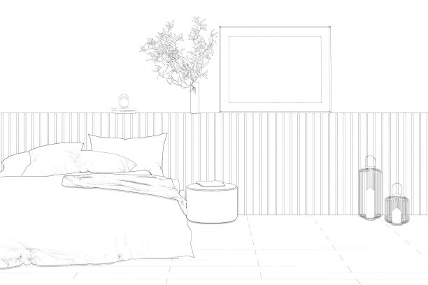 一间铺着瓷砖地板的舒适卧室的草图。床头的花瓶上插着一根柳枝，旁边是一幅横向的海报，柔软的蒲团紧挨着一张放着被褥和枕头的床。前视图。图片下载