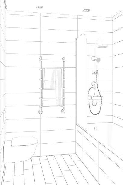 浴室内饰示意图，包括抽水马桶、烘干机上的毛巾、带隔断的浴室和淋浴间。图片下载